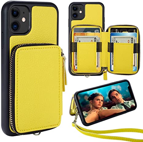 iPhone 11 Wallet Case,iPhone 11 Card Holder Case，ZVE iPhone 11 Case with Credit Card Holder Slot Zipper Handbag Purse with Wrist Strap Protective Leather Case for Apple iPhone 11 6.1" - Lemon Yellow
