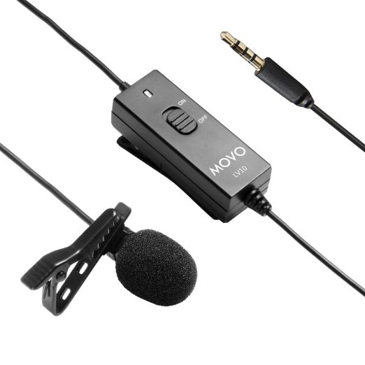 Movo LV10 Battery-Powered Lavalier Clip-on Omnidirectional Condenser TRRS Microphone for Apple iPhone, iPad, iPod and Samsung Galaxy Smartphones, Cameras, Camcorders, Recorders