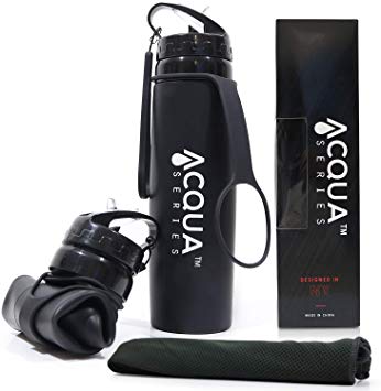 Acqua Series Collapsible Water Bottle, 20.5 oz. Foldable Water Bottle, w/Flip Open Drink Spout, Colapsable Water Bottles for Travel, Hiking, Sports and Fitness Use, Hot and Cold, Sports Cooling Towel