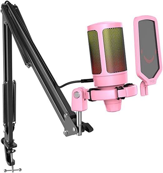 FIFINE Gaming USB Microphone Kit, PC Streaming Recording Computer RGB Microphone Set for Podcasting, Singing, YouTube, Condenser Cardiodi Mic with Quick Mute, Gain Knob-A6T Pink