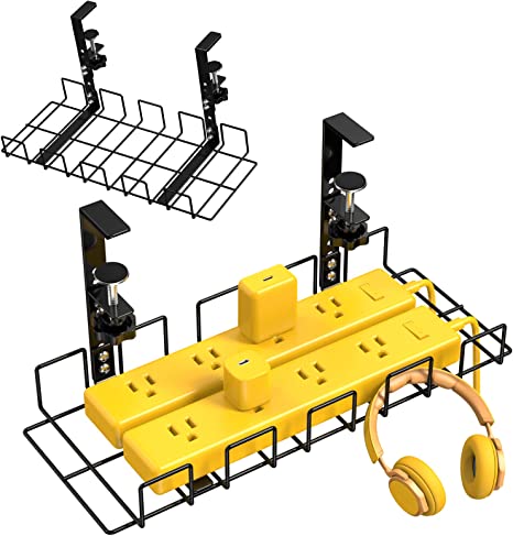 Under Desk Cable Management Tray - No Drill Clamp Mount Steel Cords Organizers - 15.7“ High Capacity Adjustable Removable Docking Station Wires Holder Rack - Home Office Kitchen Table Raceway -2pc