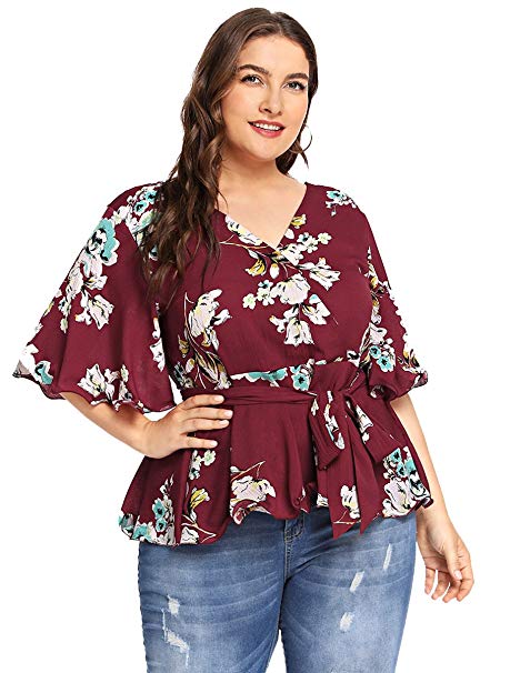 Romwe Women's Plus Size Floral Print Short Sleeve Belt Tie Peplum Wrap Blouse Top Shirts