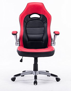 Executive Swivel PC Gaming Racing Desk Chair PU Leather High-Back Computer Office Chair for Adults/Kids Red with Black, Thick Padded Flip Up Armrest, Comfortable Seat with 5 Wheels Nylon Base (Red)