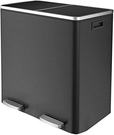 HEMBOR Dual Trash Can, 16 Gallon (2X30L) Step Rubbish Bin, Stainless Steel Double Compartment Classified Recycle Garbage Pedal Dustbin, Suit for Bathroom Kitchen Office Home, Indoor and Outdoor