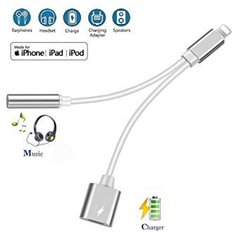 Headphone Adapter 3.5mm Dongle Headphone Connector Adapter Connector AUX Audio Jack Stereo Car Charger for iPhone 7/X/XS/XR/8/8Plus 2 in 1 Cable Charging and Cable Compatible Support for IOS12-silver