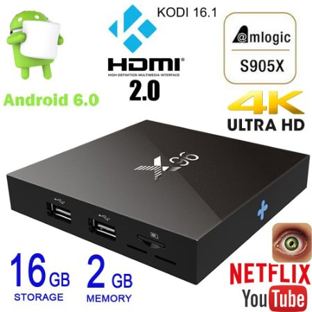 Greatever X96 TV Box Android 6.0 Marshmallow Amlogic S905X 64bit Quad Core 2G 16G XBMC Kodi 16.1 Ultra HD 4K 60fps VP9 HDR H.265 with WiFi DLNA Streaming Media Player Smart Set Top Box Support Airfly