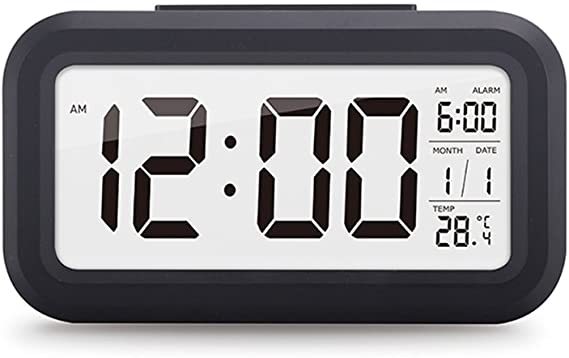 OCEST Smart Digital Desktop Alarm Clock Battery Operated 4.6” Large Display with Temperature Calendar Backlight Snooze for Kids Women Men Teens Black