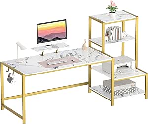 GreenForest Computer Desk with Storage Printer Shelf, 58 inch Home Office Vanity Desk with Movable Monitor Stand and 2 Headphone Hook for PC Makeup Writing Study, White and Golden