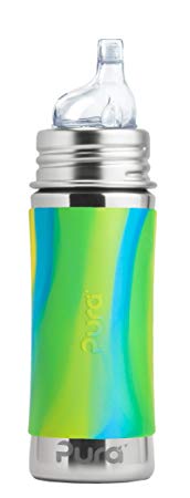 Pura Kiki 11 Oz / 325 Ml Stainless Steel Sippy Cup With Silicone Xl Sipper Spout & Sleeve, Aqua Swirl (plastic Free, Nontoxic Certified, Bpa Free)