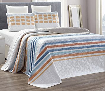 3-Piece Fine printed 100% COTTON Chic Quilt Set Reversible Bedspread Coverlet FULL / QUEEN SIZE Bed Cover (Orange, Blue, Grey Stripe)