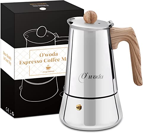 O'woda Espresso Maker By Cafe - 4 Cup, Stainless Steel Espresso Pot Stovetop Moka Pot, Coffee Maker Set Including Coffee Scoop, Coaster, Drawstring Bag, Suitable for Induction Cookers (200ML - 4Cup)
