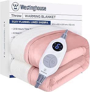 Westinghouse Heated Blanket Twin Size, Soft Flannel to Sherpa Electric Blanket with 10 Heating Levels, 12 Hours Auto Off, Fast Heating, Machine Washable, 50x60 Inch, Pink