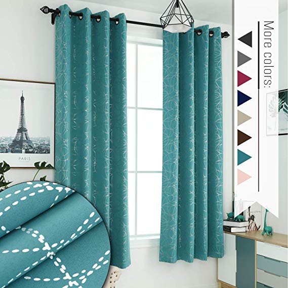 Sophia & William 52" W x 63" L Blackout Curtains with Grommets Thermal Insulated, Hot Stamping (Silver) Stitched Swirl Pattern - 2 Panels, Turquoise