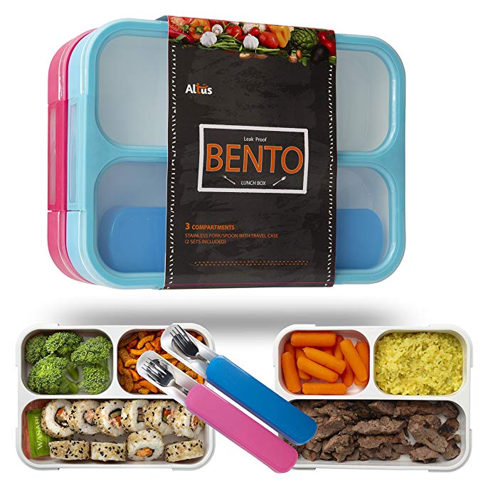 Leakproof Bento Lunch Box Container For Kids and Adults. Leakproof Containers with 3 compartments. 2 Sets of Stainless Steel Spoons and Forks with Travel Cases. Food Prep Meal Container. Blue and Pink