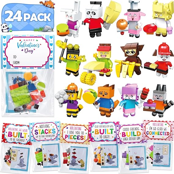 Qinline 24 Pack Valentines Day Gifts for Kids, Animal Building Blocks Kit With Valentines Cards for Kids School Classroom Bulk, Class Valentines Gifts Exchange for Boy Girl, Valentine Party Favor Toy