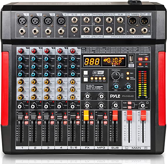 Professional DJ Audio Mixer Controller - 6-Channel DJ Controller Sound Mixer w/ DSP 380 Preset Effects, Recording, USB, 4 XLR Mic/Line Input, AUX, FX Processor MP3 Player, Headphone Jack - Pyle PMX646