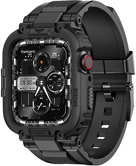 amBand M1 Rugged Case with Strap Compatible with Apple Watch Series 7 45mm, Durable TPU Military Sport Wristband with Bumper Protective Cover for iWatch 6/SE/5/4/3 44mm 42mm Men Black