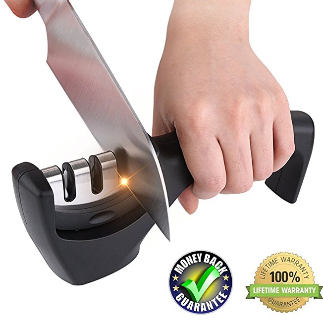 Knife Sharpener - Kaitsy Kitchen 3-Stage Knife Sharpener Tool for Straight and Serrated Knives