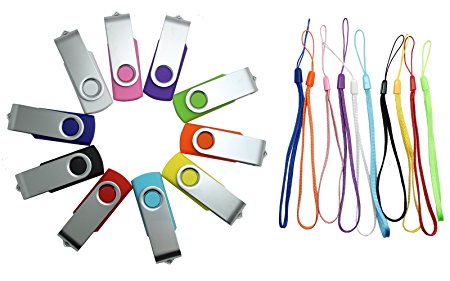 CaseBuy 10pcs 4GB Flash Drive with Activity Indicator Light - Bulk Variety Pack - USB 2.0 Swivel Design with 10 Color Lanyards (4GB,10 Colors)