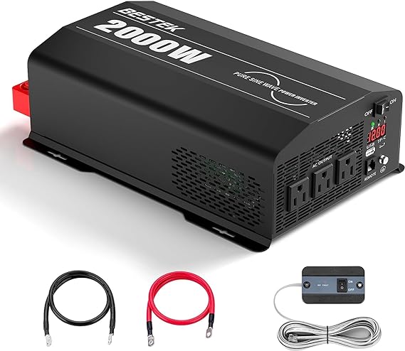 BESTEK 2000W Pure Sine Wave Power Inverter DC 12V to AC 110V Outdoor Inverter with Peak Power 4000W,Remote Control and LED Display,3 AC Outlets and 2 QC USB Ports,Dual Cooling Fans Inverter(Black)