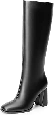 DREAM PAIRS Women's Knee High Boots Square Toe Gogo Boots Chunky Heel Boots with Side Zip Fashion Tall Boots For Women