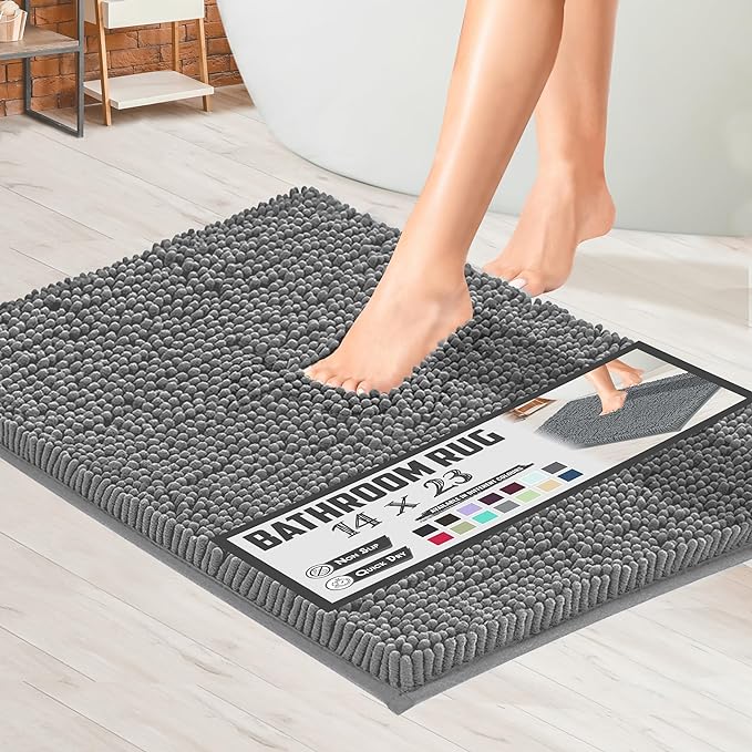 Soft Plush Chenille Bathroom Rug, Absorbent Microfiber Bath Mat, Machine Washable, Non-Slip Grip, Quick-Dry, Thick Shag Carpet for Bath, Shower Floor, Bedroom, or Door Mat (Gray, 14x23)