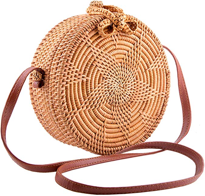Handmade Round Ata Rattan Bag - Boho Shoulder Straw Bag - Crossbody Purse Women