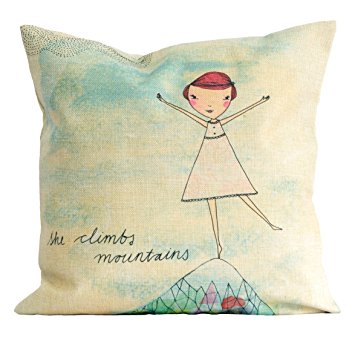 18x18 Inch Pillow Case by Sweet William, She Climbs Mountains; Cotton Linen Material, Hidden Zipper on Cover; Beautiful Home Décor by Americanflat