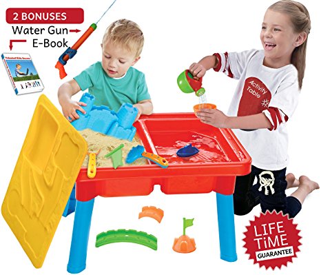 Sand and Water Table, Aquatic Arena Sandbox Activity Play Set - Play Sand and Water Creative Sensory Table with Lid & Accessories, Includes 12 Piece Beach Toy Play Set, With Bonus Water Gun & E-Book