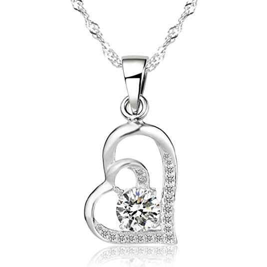 Freeman Jewels Sterling Silver Pendant Heart Necklace Chain Round Zirconia Diamond Open Double Heart 18"