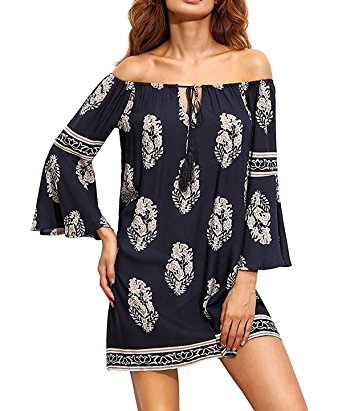 Milumia Women's Bohemian Vintage Off Shoulder Tunic Dress