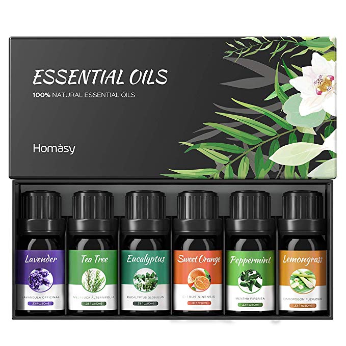 VicTsing Homasy Natural Essential Oils, Top 6 Essential Oils Set, Aromatherapy Oils for Diffuser Humidifier Massage, 6 Bottles, 10ML (Lavender, Eucalyptus, Lemon grass, Orange, Peppermint, Tea Tree)