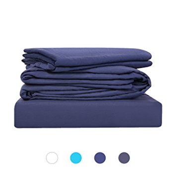 [Upgraded] HOMFY Bed Sheet Set, Deep Pocket Fitted Sheet Up to 18”, Flat Sheet with Pillowcases, Natural Wrinkled Look, Fade, Stain Resistant (Queen, Navy Blue)