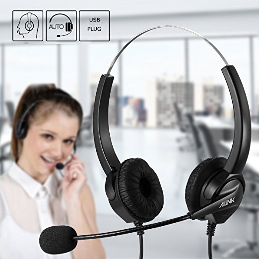 Ailink Binaural Corded Headset, Noise Cancelling Mic Cord with USB Plug, Hands-free