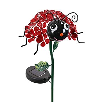 Exhart Ladybug Light Garden Stake – Red Ladybug on a Solar Flower Garden Stake – 21” Metal Garden Stake w/ 26 LED Solar Lights on Red Flower Petals That Illuminate Your Ladybug Garden Decor