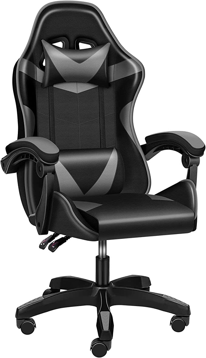 YSSOA Gaming Chair, Office High Back Computer Ergonomic Adjustable Swivel Chair with Headrest and Lumbar Support, Black/Grey