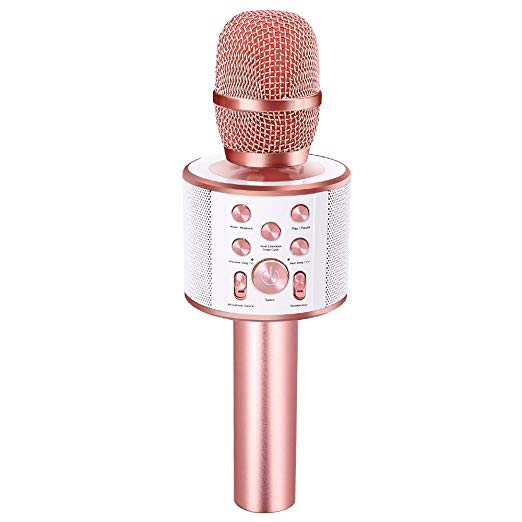 Verkstar 4-in-1 Bluetooth Wireless Microphone Karaoke, with Duet and Accompaniment Function, Portable KTV Speaker Home Birthday Party Machine for iPhone/Android/ PC/all smartphones (Rose Gold)