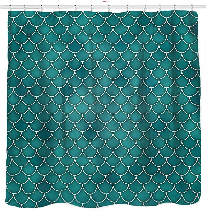 Sunlit Designer Mermaid Tail Scale Geometric Shower Curtain Set PVC Free, Water Repellent Fabric. Fairy Tales Ocean Theme Turquoise Bathroom Décor.