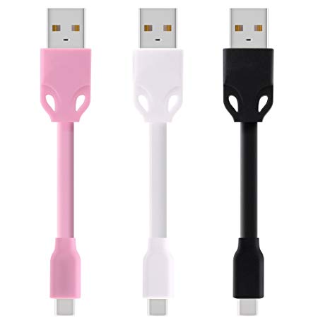 Type C Short Cords, 3-Pcs Fasgear 11CM USB C to USB 2.0 TPE Cables High Speed Charging Compatible with Galaxy S8, Power Bank, Google Pixel, Nexus 6P, LG V20, HTC 10 and More (Black, White, Pink)
