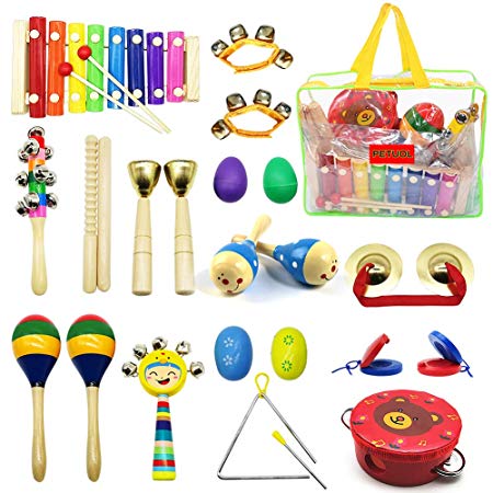 Kids Musical Instruments, PETUOL 24pcs Wood Percussion Instruments Toys Set for Children Musical Movement-Music Rhythm Percussion Kit for Toddle Boy and Girls with Portable Clear Handbag Xylophone