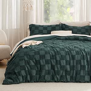 Bedsure King Size Comforter Set Emerald, Boho Tufted Bedding Comforter Set, Checkered Farmhouse Shabby Chic Bed Set, 3 Pieces, 1 Plaid Geometric Comforter and 2 Pillow Shams