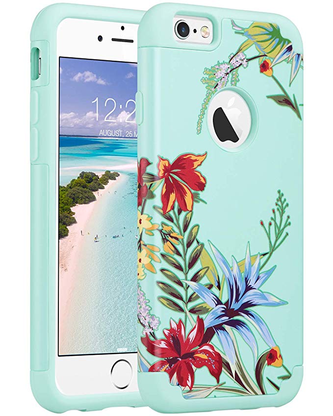 ULAK Floral Case for iPhone 6S & 6, Slim Fit Dual Layer Soft Silicone & Hard Back Cover Bumper Protective Shock-Absorption & Skid-Proof Anti-Scratch Case (Mint Tropical Flower)