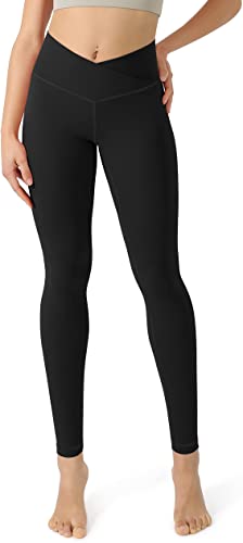 ODODOS Women's Cross Waist Yoga Leggings with Pocket, Non See-Through Workout Running Tights Athletic Pants