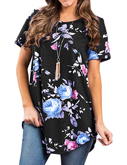 Ezcosplay Women's Round Neck Short Sleeve Floral Print Asymmetric Hem Shirt Top