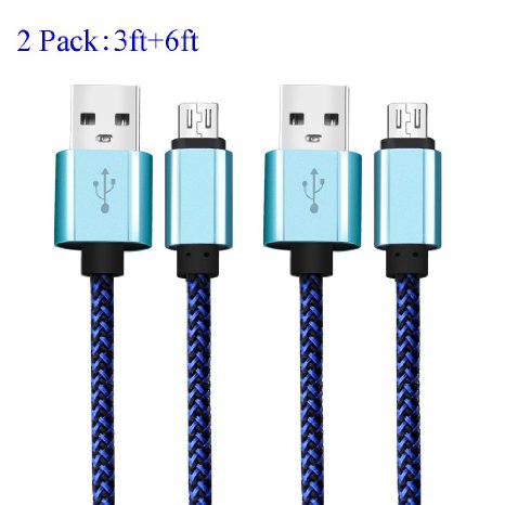 Micro USB Cable , COOME 3ft 6ft High Speed Nylon Braided USB 2.0 Sync Data Charging Charge Cord Wire for Samsung Android Smartphones Pack of 2 Blue