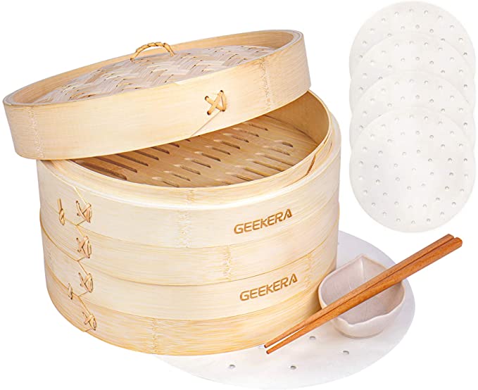GEEKERA Bamboo Steamer 10 Inch, 2 Tiers Cooking Dumpling Steamer for Food, Vegetables, Meat, Fish, Bao Buns with Chopsticks, 50 Parchment Liners, Silicone Brush, Sauce Dish