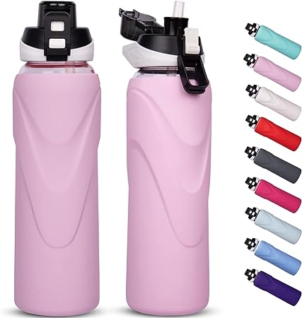 Reeho 1 Litre Sport Glass Water Bottle with Straw & Protective Silicone Sleeve, 1000ml Borosilicate Dirinking Bottle with Flip Lid, Reusable and Leak-proof
