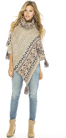 Back From Bali Womens Knit Sweater Cape Boho Soft T Neck Cowl Neck Poncho Tassels