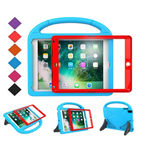 BMOUO Kids Case for New iPad 9.7 2018/2017 - Built-in Screen Protector Shockproof Light Weight Handle Convertible Stand Case for iPad 9.7 Inch 2018 (6th Generation) / 2017 (5th Gen) - Blue Red