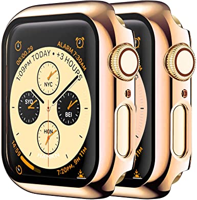 2 Pack HANKN Tempered Glass Case 45mm Compatible with Apple Watch Series 7 45mm Tempered Glass Screen Protector, Plated Hard PC Cover Full Coverage Shockproof Iwatch Bumper (45mm, Rose Gold x 2)